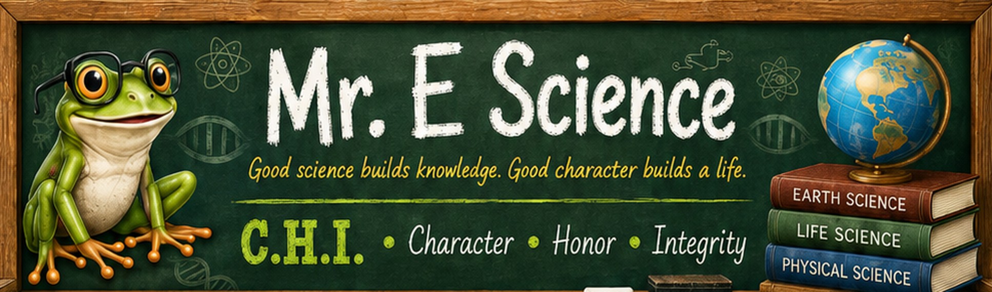 Mr. E Science chalkboard banner: frog, title, C.H.I., globe, and Earth Science, Life Science, and Physical Science books