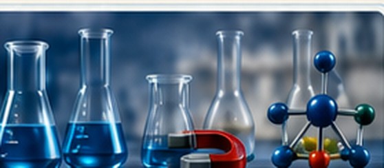 Laboratory flasks, a magnet, and a molecule model