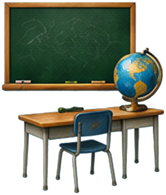 Classroom chalkboard, globe, and desk