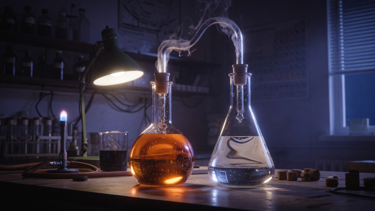 Two connected flasks in a chemistry lab