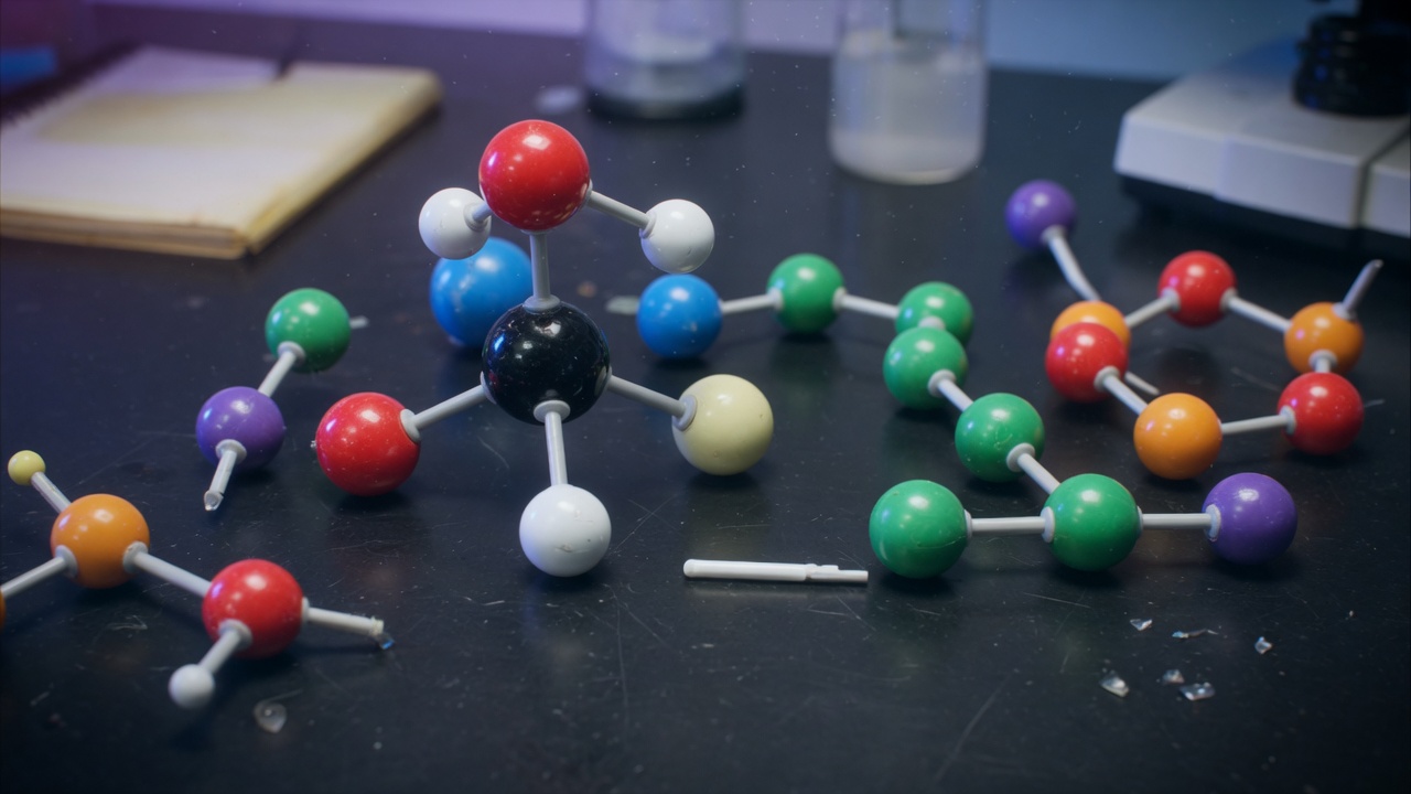 A molecular model kit on a lab table