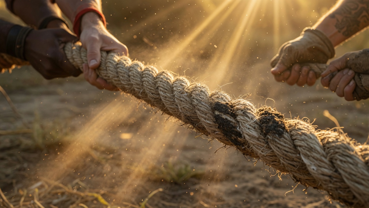 A taut rope in a tug-of-war