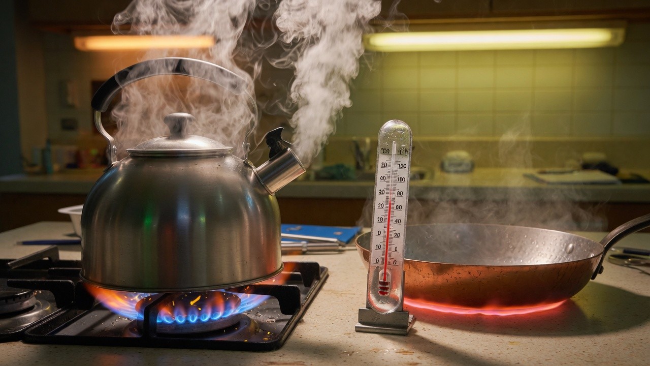 A metal pan heating over a flame