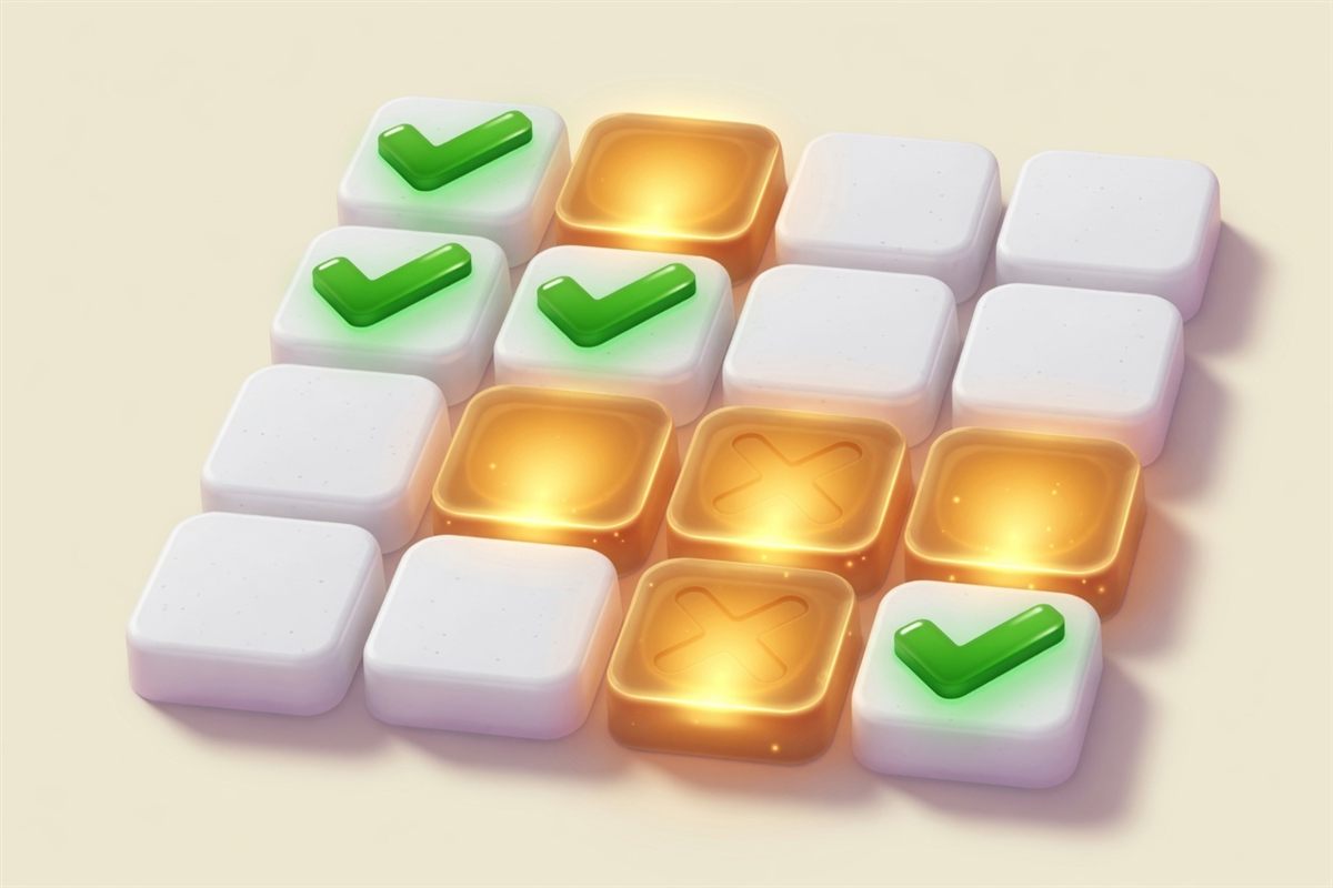 A grid of tiles, some checked and some glowing