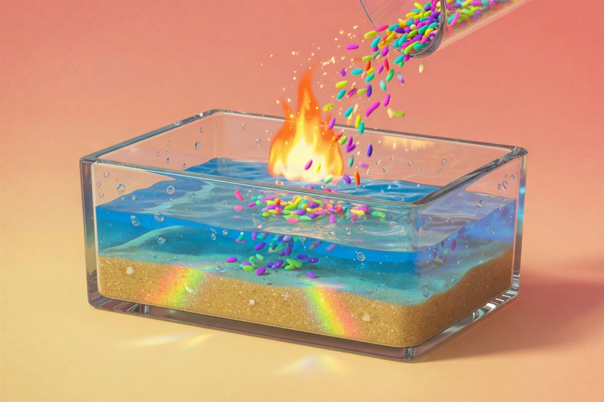 Sand, water, and fire in a glass box